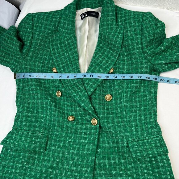 Zara Textured Double Breasted Blazer Coat Jacket Gold Button Green Plaid Large - Picture 9 of 16